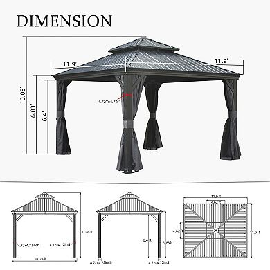 12'x 12' Hardtop Gazebo Grey - Aluminum Frame Double Roof with Curtains & Netting