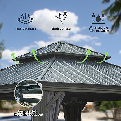 12'x 12' Hardtop Gazebo Grey - Aluminum Frame Double Roof with Curtains & Netting