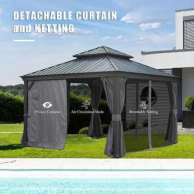 12'x 12' Hardtop Gazebo Grey - Aluminum Frame Double Roof with Curtains & Netting
