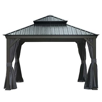 12'x 12' Hardtop Gazebo Grey - Aluminum Frame Double Roof with Curtains & Netting