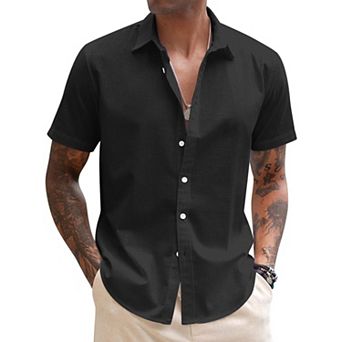 COOFANDY Men's Linen Short Sleeve Business Summer Shirt Fitted Untucked Button Shirt