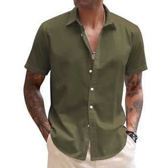 COOFANDY Men's Linen Short Sleeve Business Summer Shirt Fitted Untucked Button Shirt