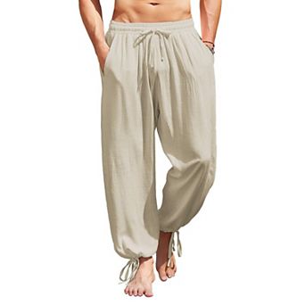 COOFANDY Men's Cotton Linen Pants Elastic Waist Harem Pants Casual Baggy Yoga Beach Pants