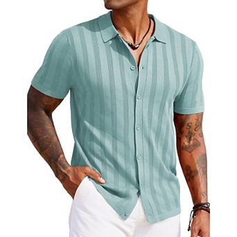 COOFANDY Polo Shirts Short Sleeve Button Up Shirts Crochet Knitted Beach Shirt Hawaiian Shirt