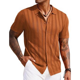 COOFANDY Polo Shirts Short Sleeve Button Up Shirts Crochet Knitted Beach Shirt Hawaiian Shirt