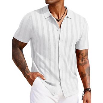 COOFANDY Polo Shirts Short Sleeve Button Up Shirts Crochet Knitted Beach Shirt Hawaiian Shirt