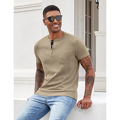 COOFANDY Men Short Sleeve Casual T Shirt Basic Solid Button Henley Daily Shirt with Pocket