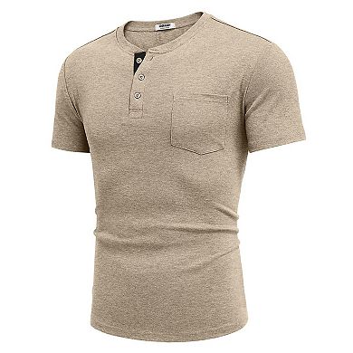COOFANDY Men Short Sleeve Casual T Shirt Basic Solid Button Henley Daily Shirt with Pocket