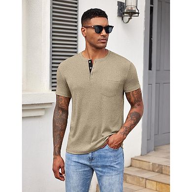 COOFANDY Men Short Sleeve Casual T Shirt Basic Solid Button Henley Daily Shirt with Pocket
