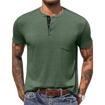 COOFANDY Men Short Sleeve Casual T Shirt Basic Solid Button Henley Daily Shirt with Pocket