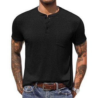 COOFANDY Men Short Sleeve Casual T Shirt Basic Solid Button Henley Daily Shirt with Pocket