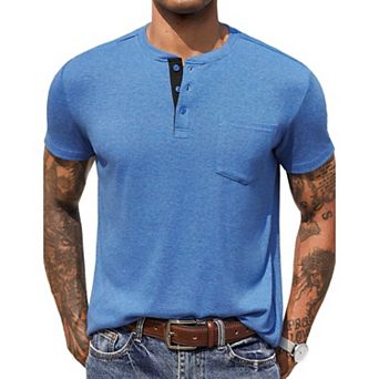 COOFANDY Men Short Sleeve Casual T Shirt Basic Solid Button Henley Daily Shirt with Pocket