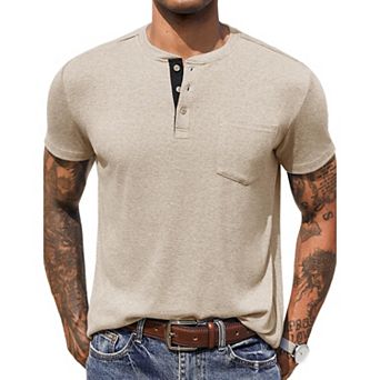 COOFANDY Men Short Sleeve Casual T Shirt Basic Solid Button Henley Daily Shirt with Pocket