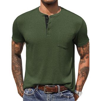 COOFANDY Men Short Sleeve Casual T Shirt Basic Solid Button Henley Daily Shirt with Pocket