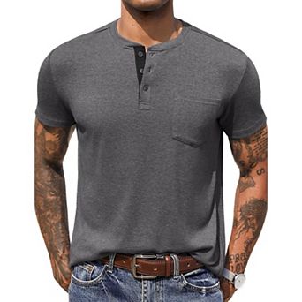 COOFANDY Men Short Sleeve Casual T Shirt Basic Solid Button Henley Daily Shirt with Pocket