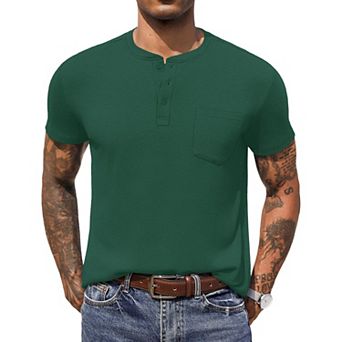 COOFANDY Men Short Sleeve Casual T Shirt Basic Solid Button Henley Daily Shirt with Pocket