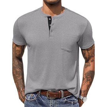 COOFANDY Men Short Sleeve Casual T Shirt Basic Solid Button Henley Daily Shirt with Pocket