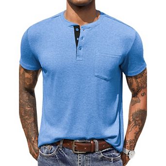 COOFANDY Men Short Sleeve Casual T Shirt Basic Solid Button Henley Daily Shirt with Pocket