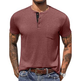 COOFANDY Men Short Sleeve Casual T Shirt Basic Solid Button Henley Daily Shirt with Pocket