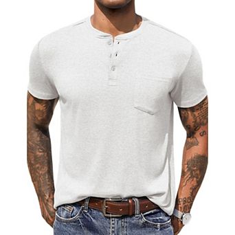 COOFANDY Men Short Sleeve Casual T Shirt Basic Solid Button Henley Daily Shirt with Pocket