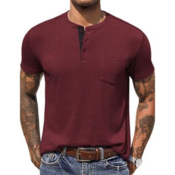 COOFANDY Men Short Sleeve Casual T Shirt Basic Solid Button Henley Daily Shirt with Pocket