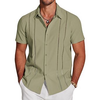 COOFANDY Button Down Shirts for Men Short-Sleeve Solid Linen Shirt Casual Summer Beach Shirt