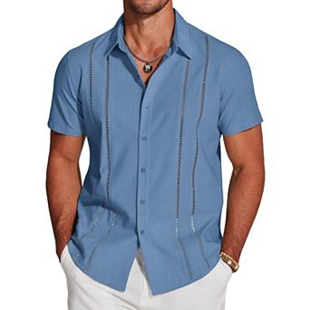 COOFANDY Button Down Shirts for Men Short-Sleeve Solid Linen Shirt Casual Summer Beach Shirt