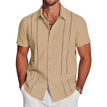 COOFANDY Button Down Shirts for Men Short-Sleeve Solid Linen Shirt Casual Summer Beach Shirt