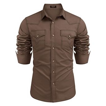 COOFANDY Men' Western Cowboy Shirts Long Sleeve Cotton Casual Button Down Work Shirt with Pockets