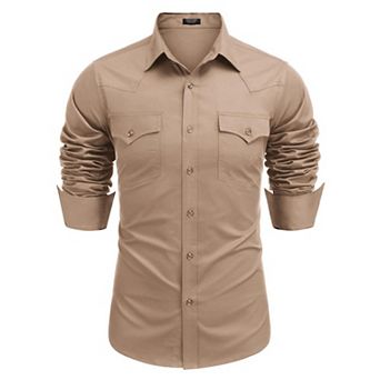 COOFANDY Men' Western Cowboy Shirts Long Sleeve Cotton Casual Button Down Work Shirt with Pockets