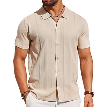 COOFANDY Mens Knit Shirt Short Sleeve Button Down Shirts Casual Summer Beach Vintage Polo Shirts
