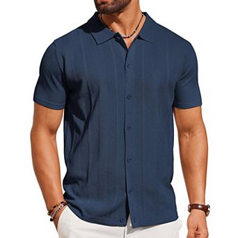 COOFANDY Mens Knit Shirt Short Sleeve Button Down Shirts Casual Summer Beach Vintage Polo Shirts