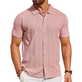 COOFANDY Mens Knit Shirt Short Sleeve Button Down Shirts Casual Summer Beach Vintage Polo Shirts