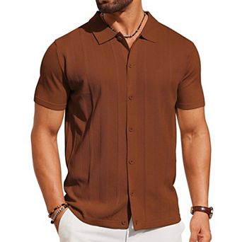 COOFANDY Mens Knit Shirt Short Sleeve Button Down Shirts Casual Summer Beach Vintage Polo Shirts
