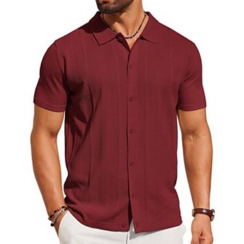 COOFANDY Mens Knit Shirt Short Sleeve Button Down Shirts Casual Summer Beach Vintage Polo Shirts