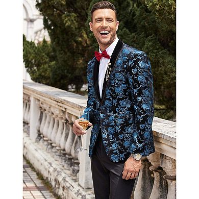 COOFANDY Mens Velvet Blazer Regular Fit Floral Tuxedo Jacket One Button Dinner Prom Wedding Coat