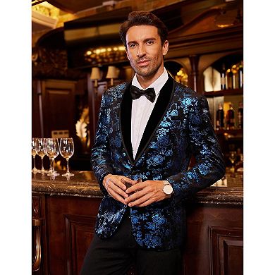 COOFANDY Mens Velvet Blazer Regular Fit Floral Tuxedo Jacket One Button Dinner Prom Wedding Coat