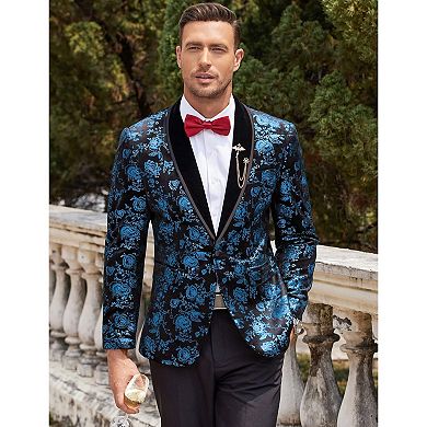 COOFANDY Mens Velvet Blazer Regular Fit Floral Tuxedo Jacket One Button Dinner Prom Wedding Coat