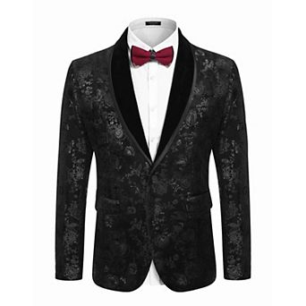 COOFANDY Mens Velvet Blazer Regular Fit Floral Tuxedo Jacket One Button Dinner Prom Wedding Coat
