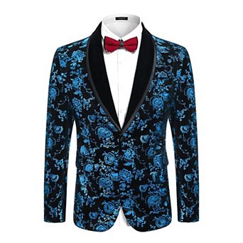 COOFANDY Mens Velvet Blazer Regular Fit Floral Tuxedo Jacket One Button Dinner Prom Wedding Coat