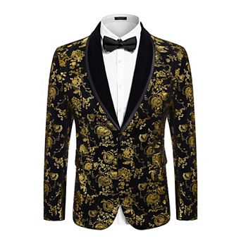 COOFANDY Mens Velvet Blazer Regular Fit Floral Tuxedo Jacket One Button Dinner Prom Wedding Coat