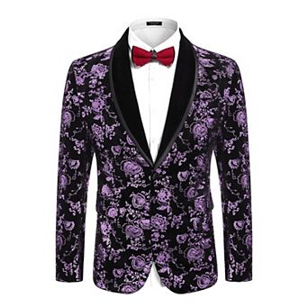 COOFANDY Mens Velvet Blazer Regular Fit Floral Tuxedo Jacket One Button Dinner Prom Wedding Coat
