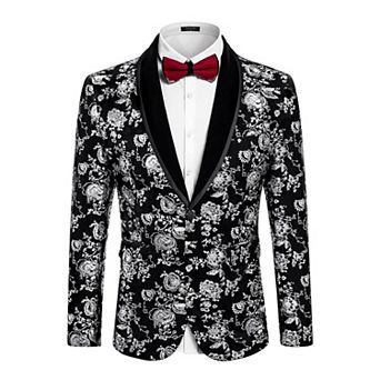 COOFANDY Mens Velvet Blazer Regular Fit Floral Tuxedo Jacket One Button Dinner Prom Wedding Coat