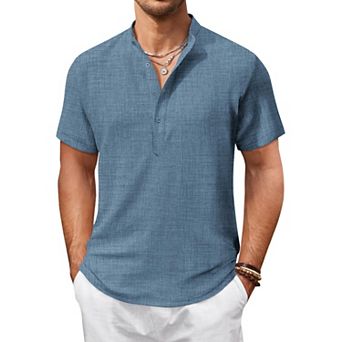COOFANDY Men' Shirt Short Sleeve Hippie Casual Band Collar Summer Beach Shirts