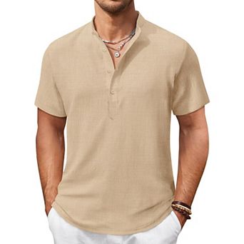 COOFANDY Men' Shirt Short Sleeve Hippie Casual Band Collar Summer Beach Shirts