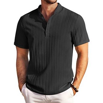 COOFANDY Men Cotton Linen Colllarless Henley Casual Short Sleeve Summer Henley Shirt