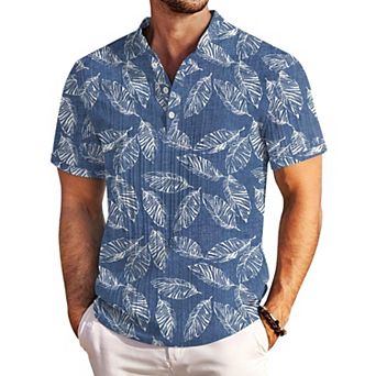 COOFANDY Men Cotton Linen Colllarless Henley Casual Short Sleeve Summer Henley Shirt