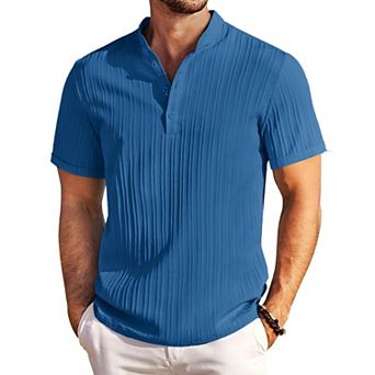 COOFANDY Men Cotton Linen Colllarless Henley Casual Short Sleeve Summer Henley Shirt