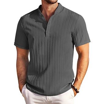 COOFANDY Men Cotton Linen Colllarless Henley Casual Short Sleeve Summer Henley Shirt