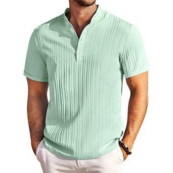 COOFANDY Men Cotton Linen Colllarless Henley Casual Short Sleeve Summer Henley Shirt